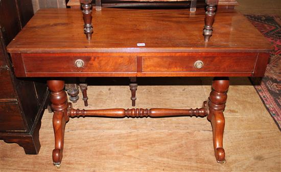 Victorian mahogany centre table on end supports with turned stretcher(-)